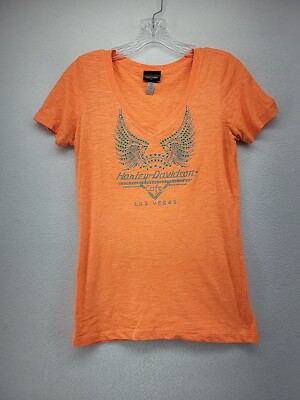 Harley Davidson Las Vegas Top Womens Small Orange Pullover Short Sleeve Logo 