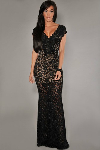 Abito lungo ricamato nudo trasparente pizzo Scollo Lace Nude Illusion Maxi  Dress | eBay