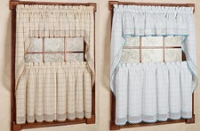 24" or 36" Set - Adirondack Cotton Kitchen Window Curtain - White/Blue or Toast