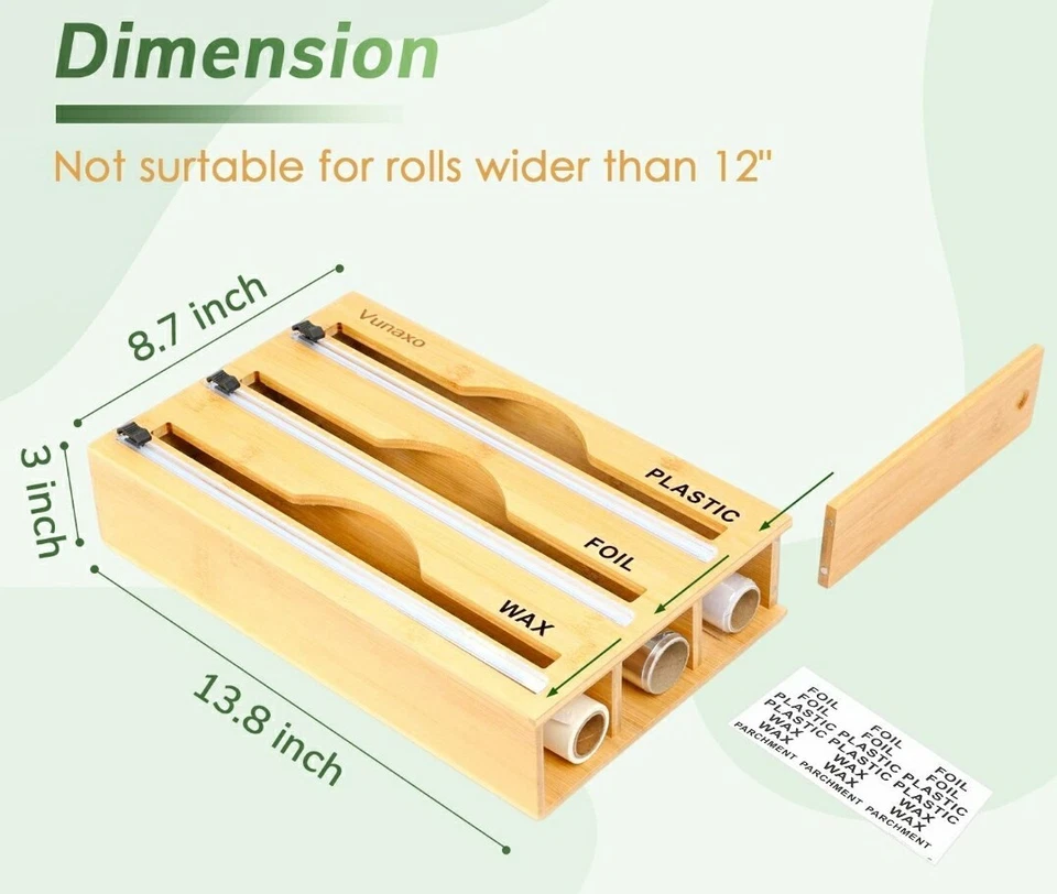 Foil and Plastic Wrap Organizer,3 in 1 Bamboo Plastic Wrap Dispenser with Cutter - Image 3 of 4