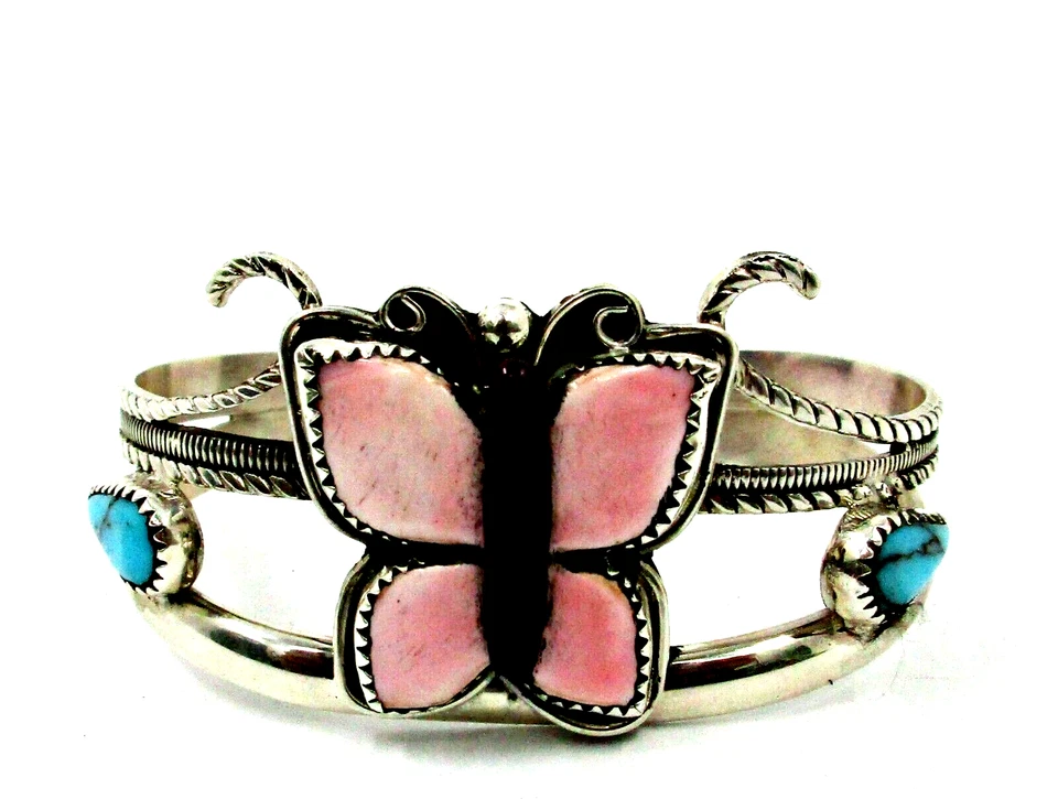 Francisco Gomez Sterling Bisbee Turquoise Butterfly Inlay Signed Cuff Bracelet - Image 2 of 4