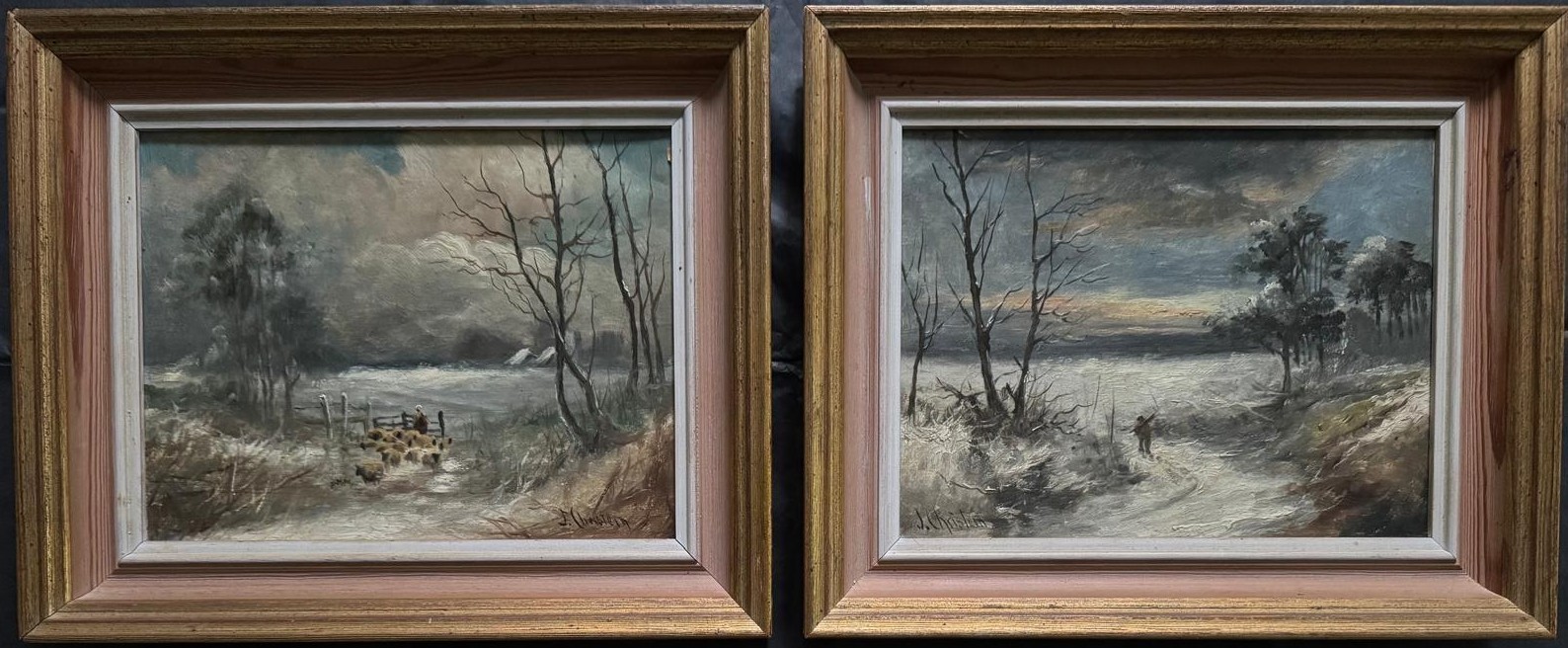 Jeanne Christen ( French) Pair of antique oil paintings winter landscapes framed