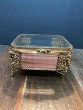 Vintage gold Filigree cupids Ormolu Jewelry Box Casket w/ Beveled Glass