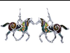 Silver Tone Beautiful Multicolor Horse Earrings Gift Boxed Fast Shipping