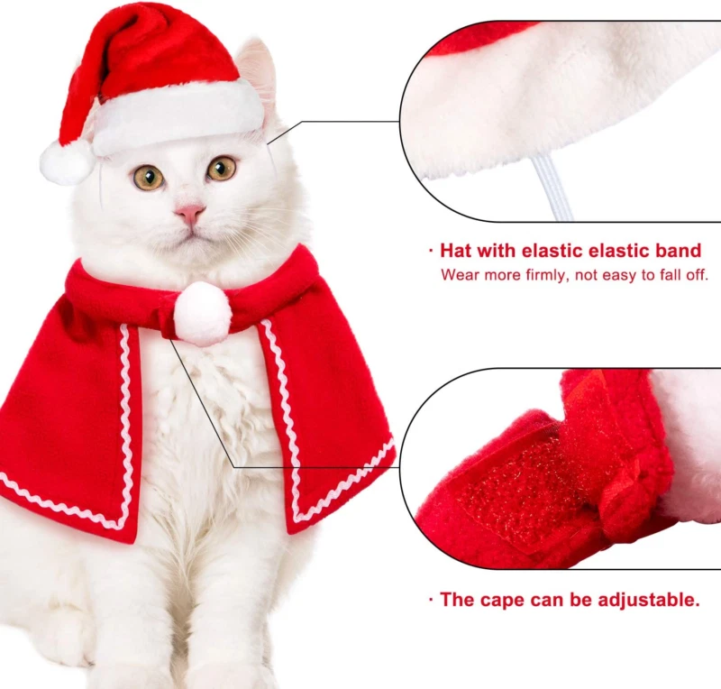 Fantasia de gato de Natal cachorro pequeno chapéu de Papai Noel com cachecol filhote gatinho roupa de Natal EUA - Imagem 4 de 4