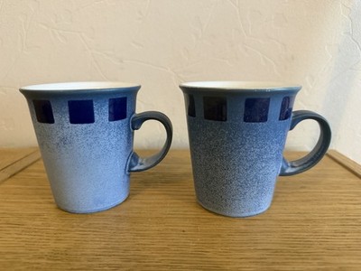 Denby Reflex Becher blau glasiert Quadrate Design ausgestellte Form Steinzeug x 2