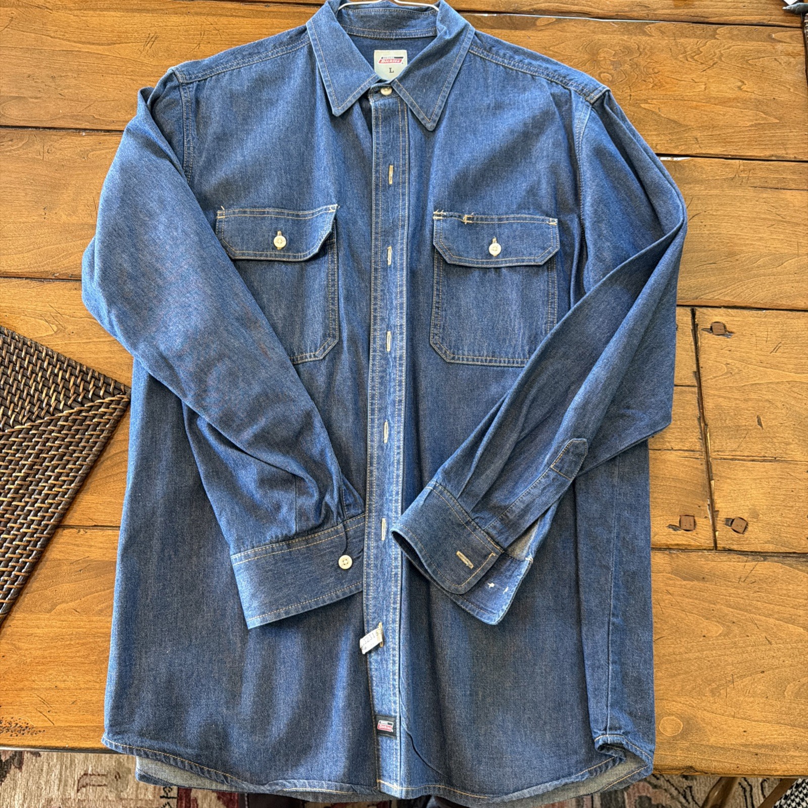 Dickies Denim Shirt Mens Large Blue Button Up Long Sleeve Work Shirt