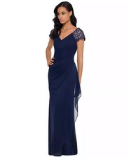 XSCAPE Women's Lace-Sleeve Gown Dress Size 8 Blue MSRP $149