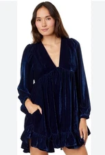 NWT Free People Size S Blue Estella Velvet Mini Dress $128