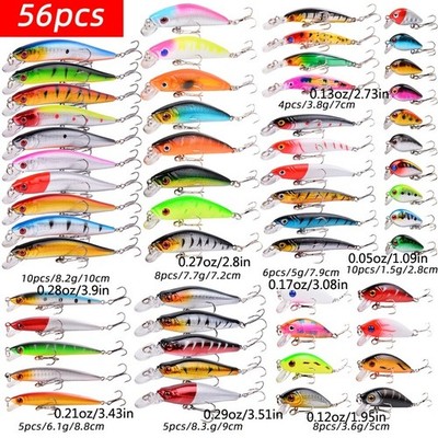 56pcs Minnow Crankbait Fishing Lures Plastic Hard Bait Artificial Baits