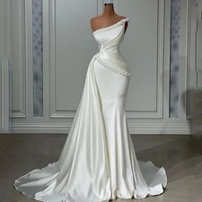 One Shoulder Wedding Dress Pleat and Pearls Mermaid Bride Gown with Sweep Train