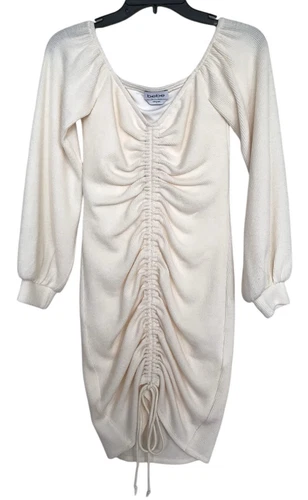 OFF WHITE Abito donna Bebe taglia small body a costine maniche lunghe increspato bianco sporco