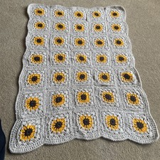 Handmade Crochet Blanket Sunflower Squares 28” x 19” Inches Pram Cot Baby Lap