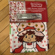 Strawberry Shortcake Dots Shower Curtain  Silver Metal Roller Hooks 13pc