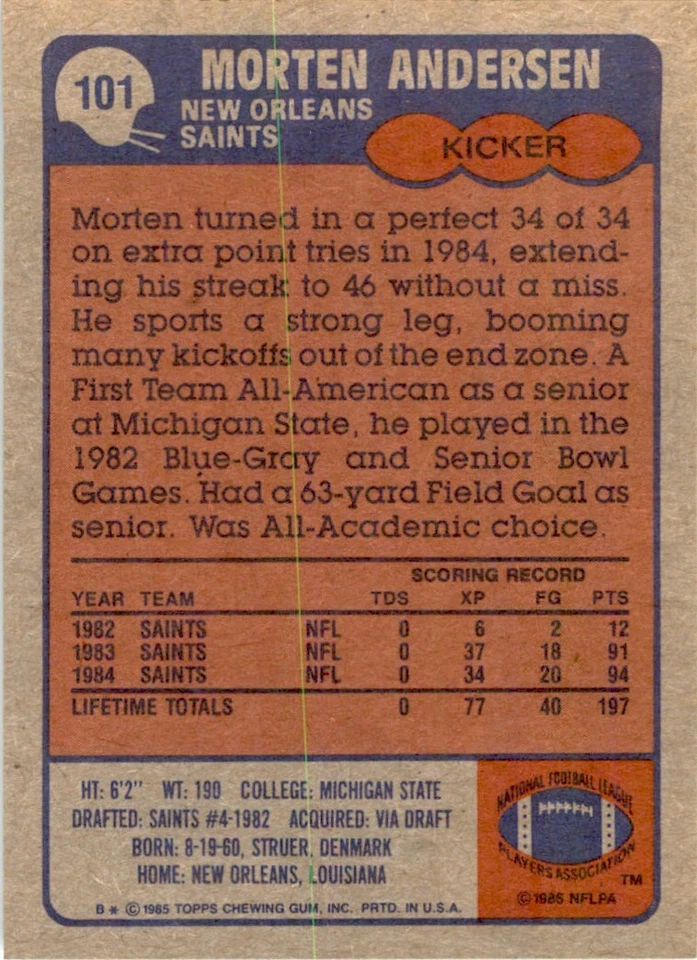 1985 TOPPS! MORTEN ANDERSEN NEW ORLEANS SAINTS #101 - Image 2 of 2