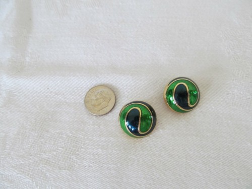 Vtg Enamel Clip On Earrings Gold Tone Blue & Green 70's 80's Button - Imagen 3 de 3