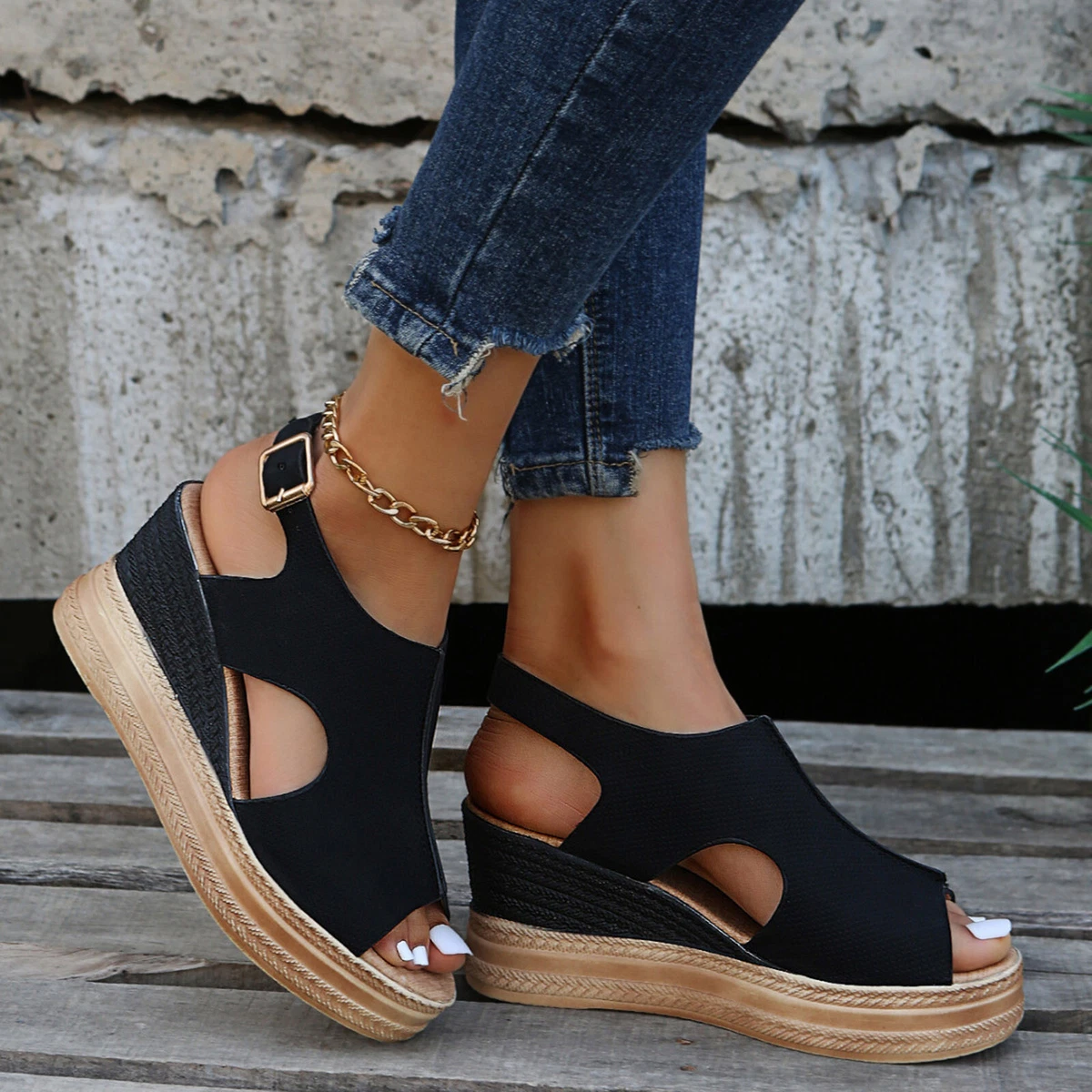 Ladies Hollow Out Open Toe Buckle Slingback Shoes Summer Wedge