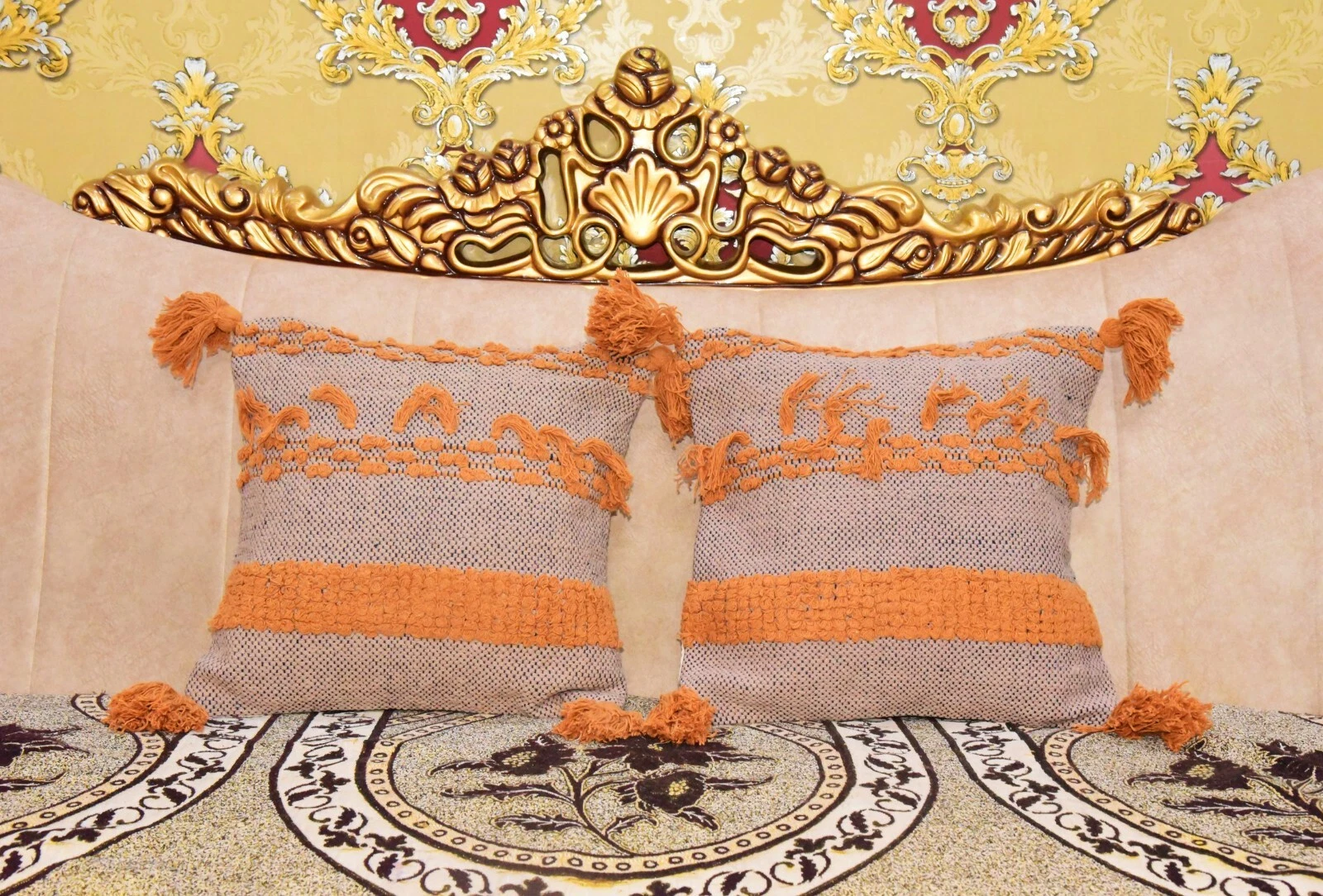 Indian Boho Beige & Brown Embroidered Tufted Diamond Pair 2 Pillow Cover 20x20