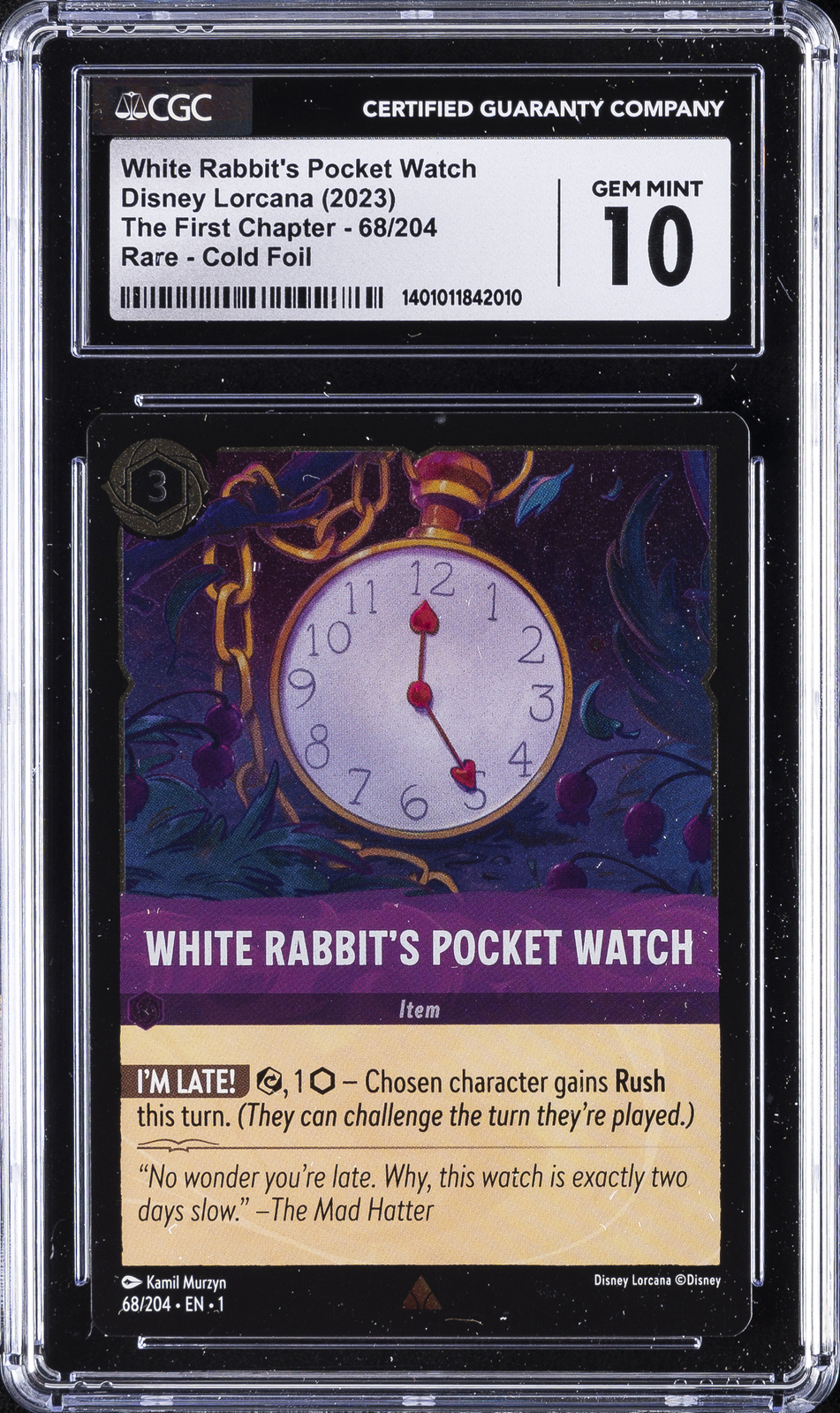2023 DISNEY LORCANA THE FIRST CHAPTER FOIL#68 WHITE RABBIT'S POCKET WATCH CGC 10