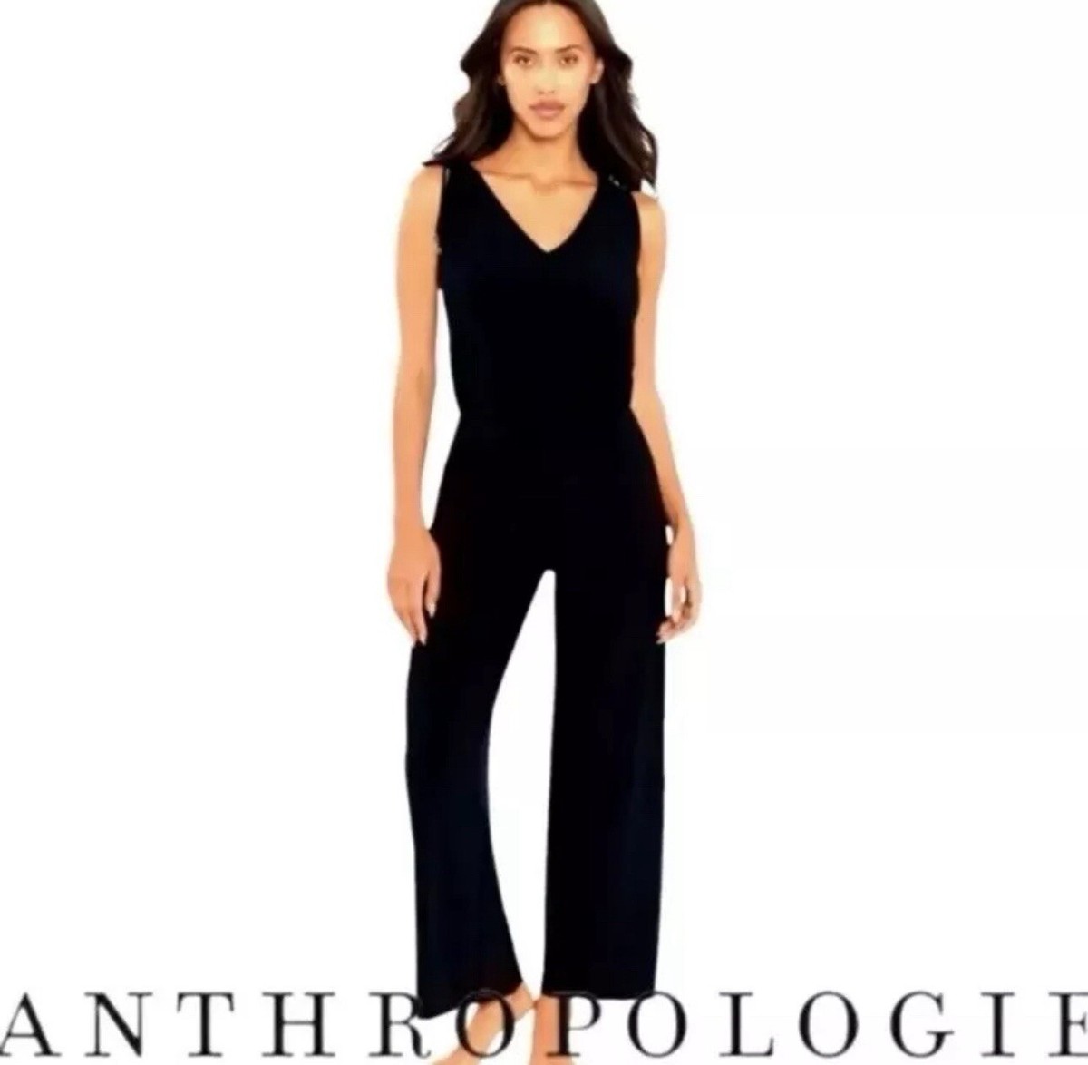 ANTHROPOLOGIE DREW $212 Black Sleeveless Dressy Jumpsuit Wide Leg Size  Medium