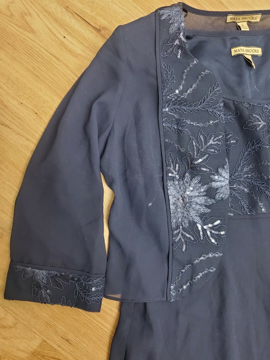 Maya Brooke 3/4 Sleeve Embroidered Jacket Dress, Womens, Size 8, Blue Maya Brooke 3/4 Sleeve Embroidered Jacket Dress, Womens, Size 8, Blue