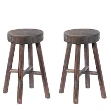 New Vintiquewise Antique Round Wooden Chair Log Cabin Stools Set of 2