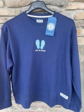 LIFE IS GOOD Women's Crew Neck L/S Pullover SweatShirt Flip Flops Navy S NWT