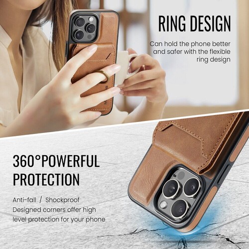 MagSafe Case For iPhone 12 13 14 15 16 with Magnetic Leather Wallet + Metal Ring - Zdjęcie 10 z 149