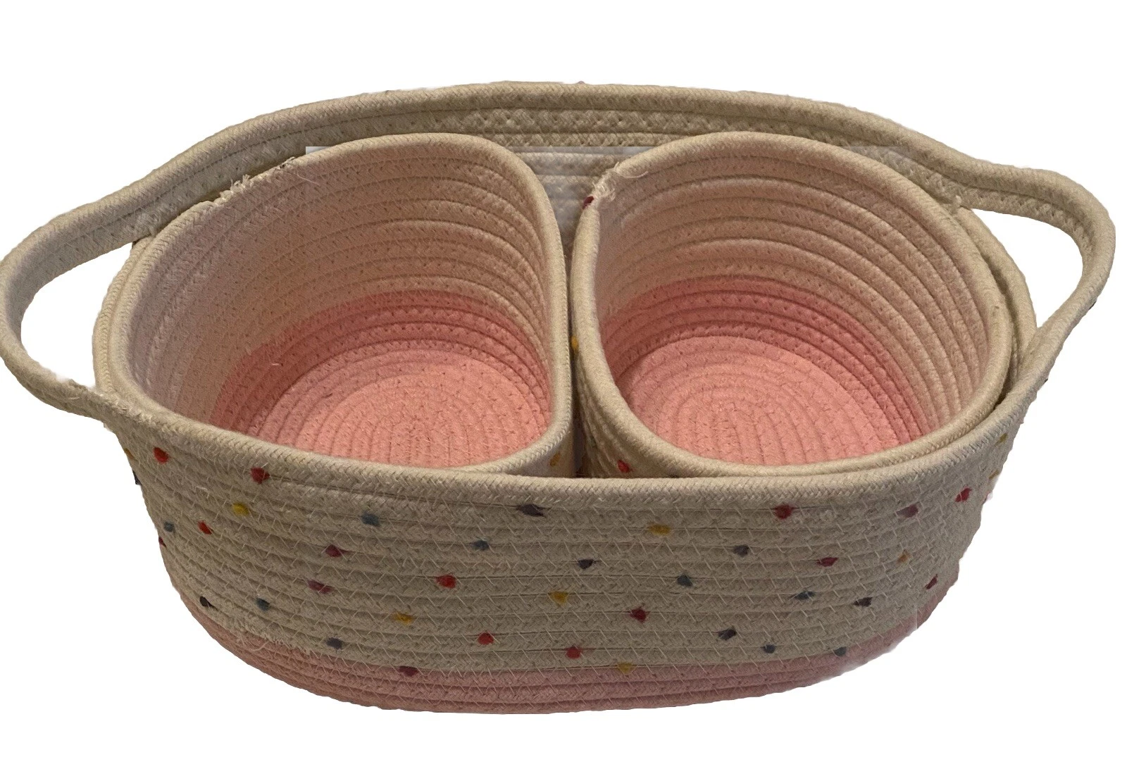 Natural Cozy 3-Piece Oval Basket Set Natural Woven White~Pink Trim Cottage Core