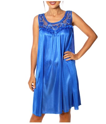 BM Women's Silky Feeling Sleeveless Sexy Nightgown with Sequins and Ribbon Roses