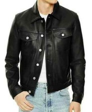 Men's Casual Biker Vintage Black Genuine Lambskin Leather Classic Button Shirt