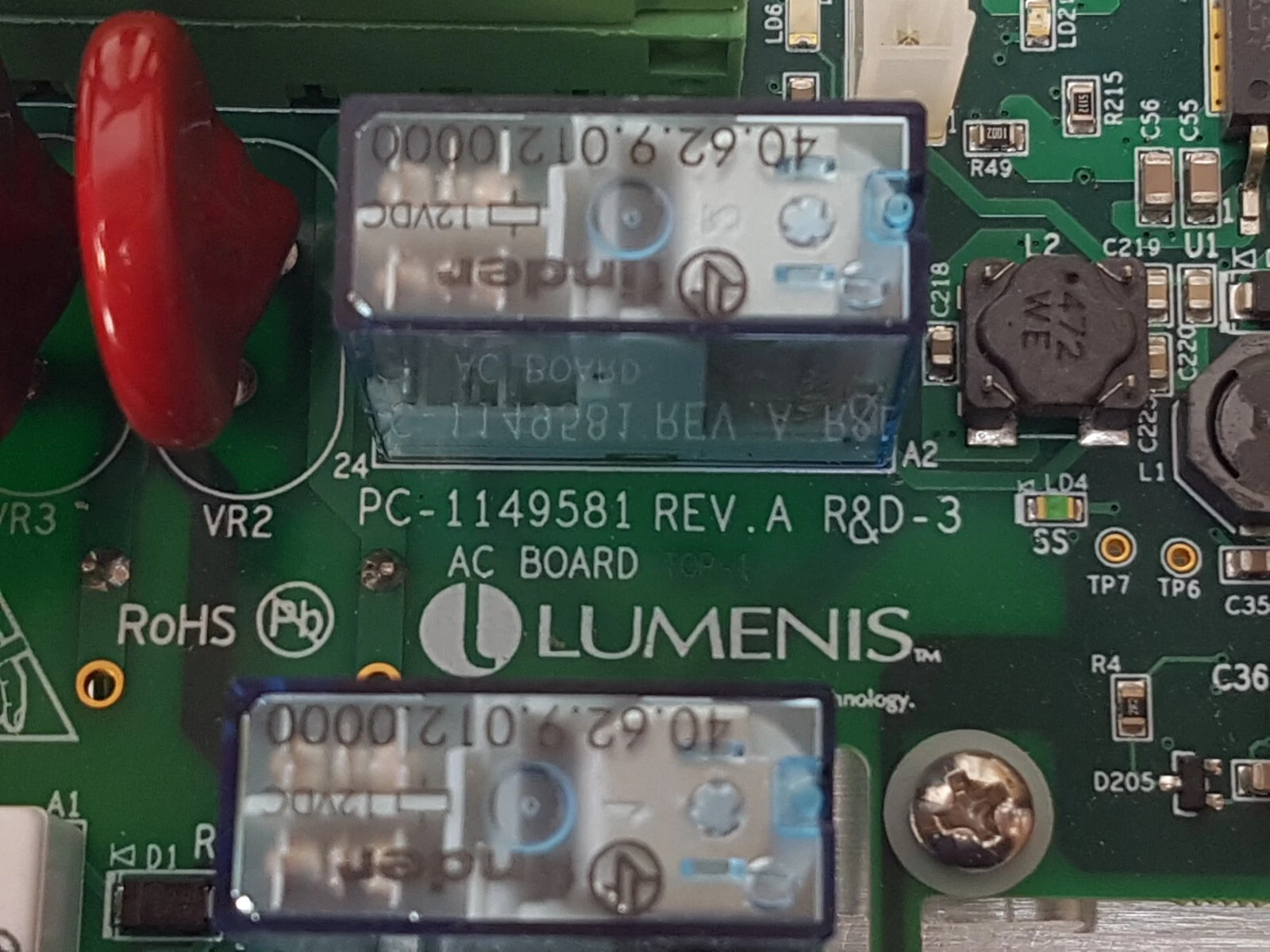 Close-up of the two Finder 12 V DC relays and the PC-1149581 REV.A R&D-3 AC BOARD silkscreen