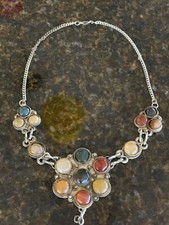Vintage Rare Heirloom Silver Semi precious stone necklace multicolor Kashmir 16