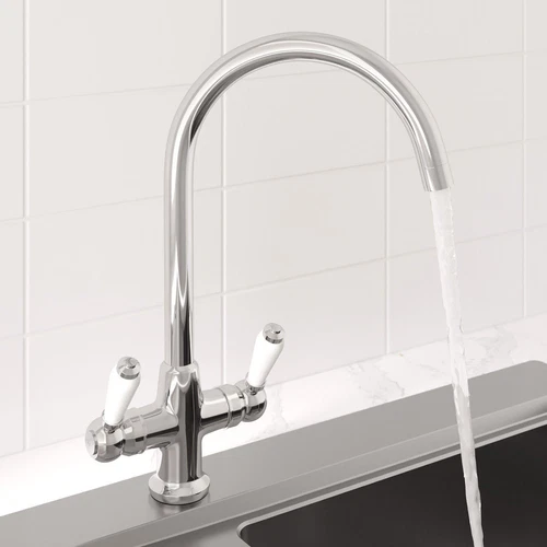Traditional Mono Kitchen Sink Mixer Tap Twin Lever Handles Swivel Spout Chrome