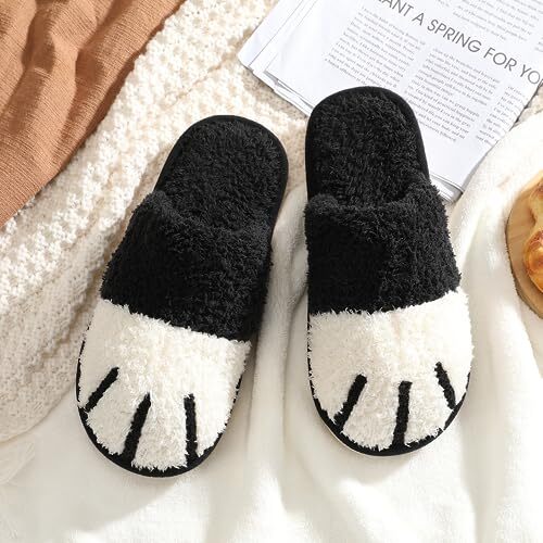 Cute Animal Slippers for Women, Soft Plush Cat Paw 9-10 Women/7-8 Men Black - Picture 4 of 7