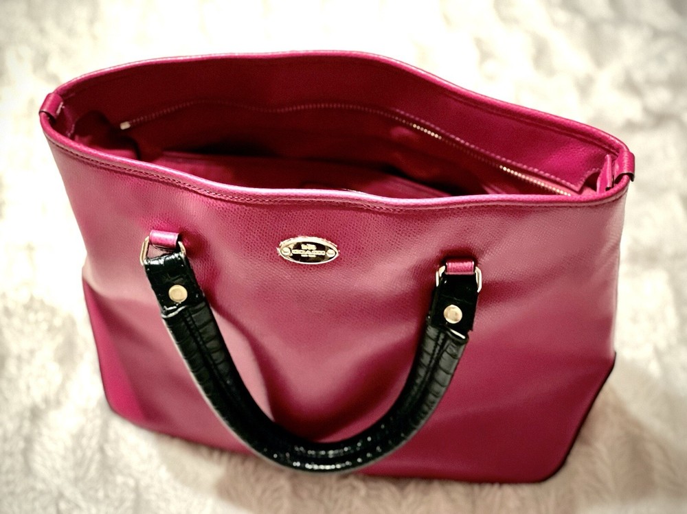 COACH Crossgrain Leather Zip Top Tote Bag F35204 Deep Pink & RARE Black Handles