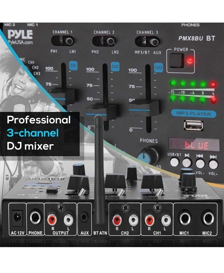 Pyle Wireless DJ Audio Mixer 3 Channel Bluetooth PMX8BU FAST SHIPPING - Image 4 of 4