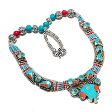 Turquoise Red Coral Gemstone Necklace Handmade Tibetan Nepali Jewelry 18" N75