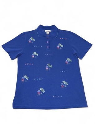 Alfred Dunner Royal Blue Embroidered Palm Tree Hammock Polo Shirt Small Men s