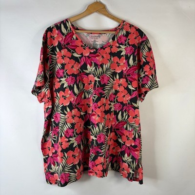Catherines Womens Easy Fit Tee Tunic Top Size 3X Black Floral Short Sleeve
