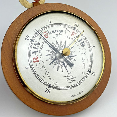 Vintage German Aneroid Barometer Brass Wood Wall Mount GDR Signed Weather EUC