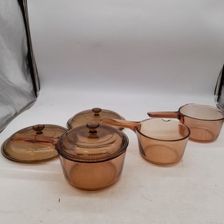 Vintage Corning Visionware Amber Glass Pyrex 3x Saucepan Set (#H1/21)