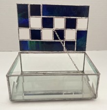 Vintage Blue Green Stained Glass Jewelry Trinket Box SALE 