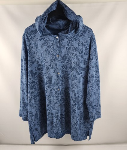 Cuddl Duds Comfortwear Womens 3X Blue Floral Paisley Snap Hooded Cardigan Tunic