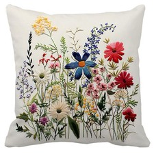Wildflower Faux Embroidery Print 18x18 Inch Throw Pillow Cover Boho Embroider...