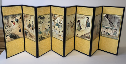 Vintage 8 Panel Chinese Mini 29 " LONG X 8 " TALL Room Divider Art Both Sides