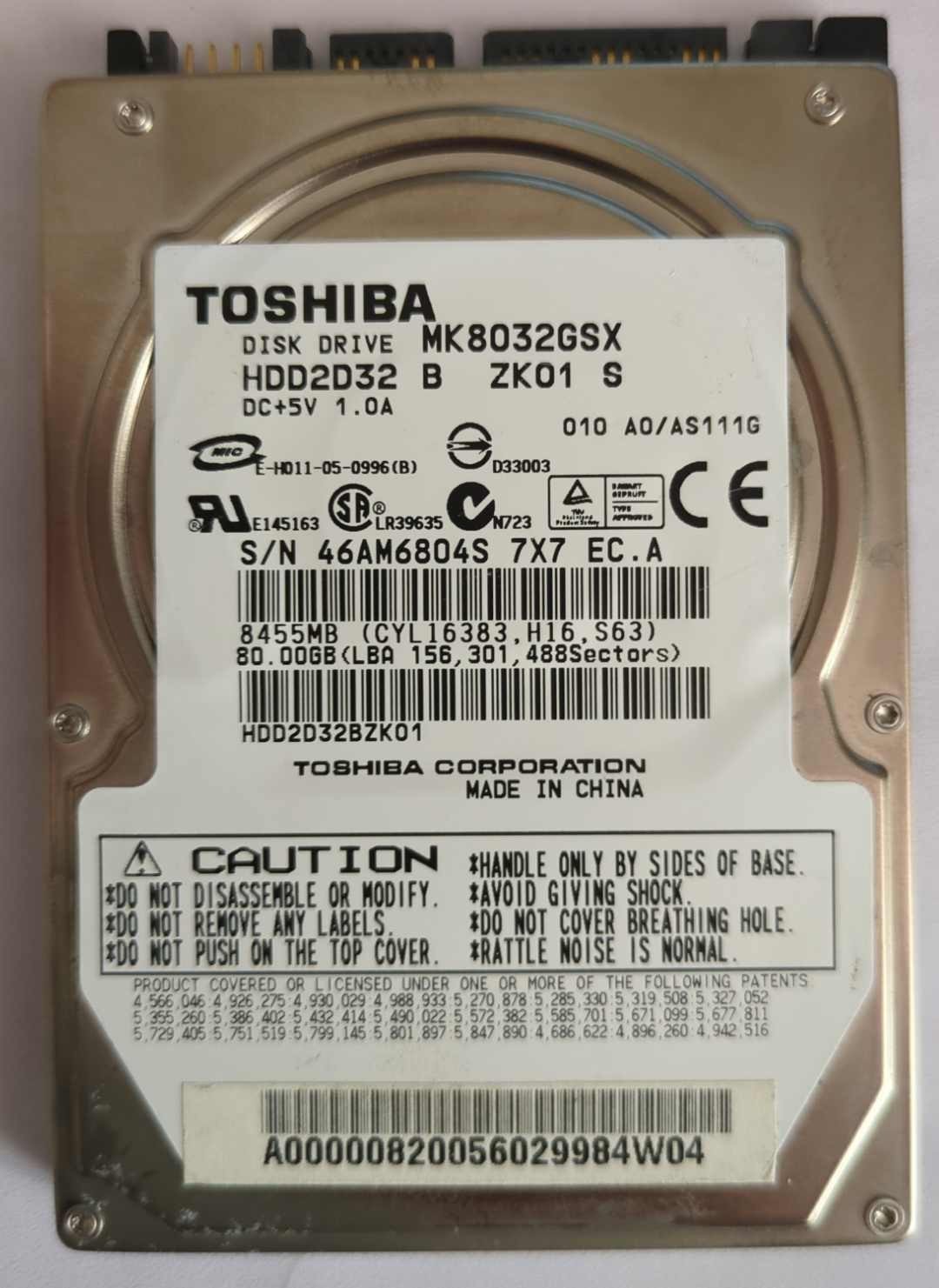 Toshiba MK8032GSX – HDD 2.5" 80GB SATA con PCB originale FKN6BB - MDK339V-0N