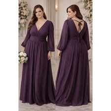 Azazie Norah Plum Chiffon Long Sleeve V-Neck Maxi Gown Dress Custom Plus Size