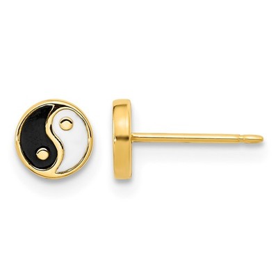 14K Gelbgold schwarz/weiß Emaille Yin und Yang Ohrstecker Geschenk für Mama