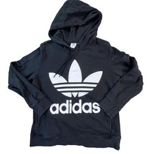 Adidas Trefoil Hoodie Youth Medium Black Big Logo Streetwear Pullover UK14